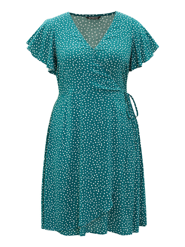 Plus Size Women Dailywear Polka Dot Cross straps Ruffle Sleeve Cap Sleeve V-neck Pocket Elegant Dresses BloomChic 