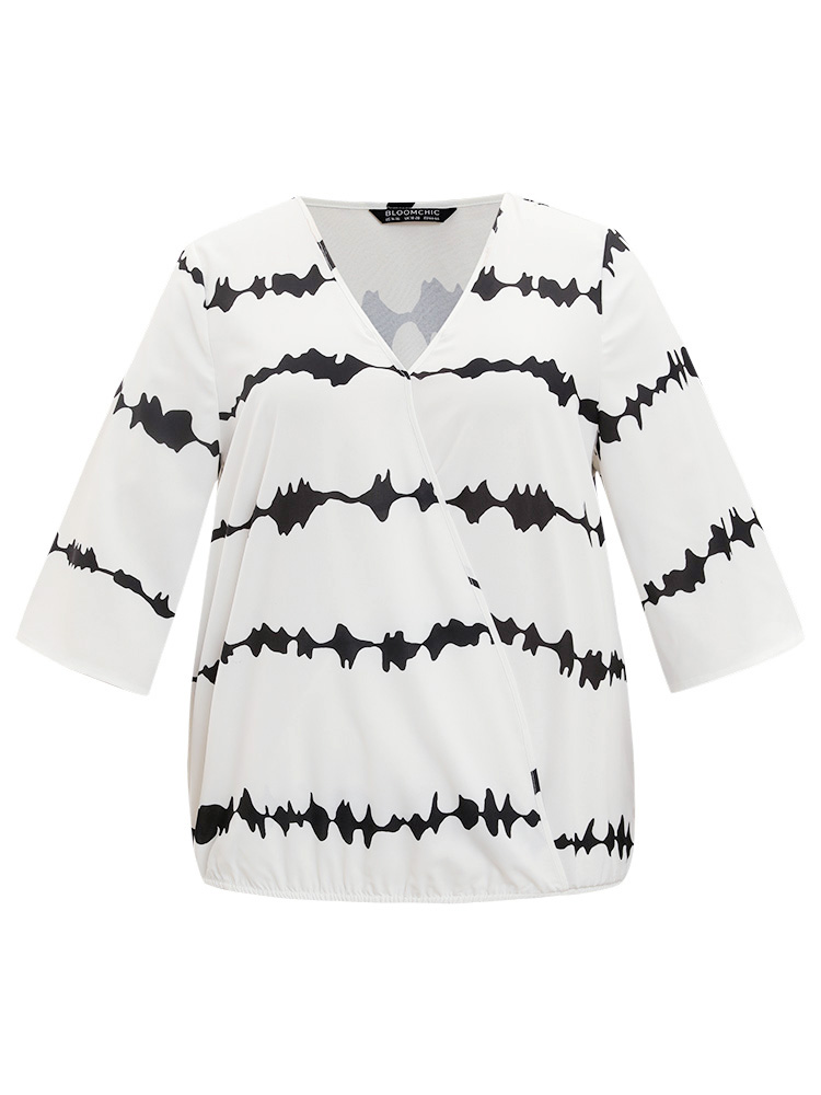 Plus Size Women Dailywear Tie Dye Gathered Ruffle Sleeve Elbow-length sleeve V-neck Elegant Blouses BloomChic 