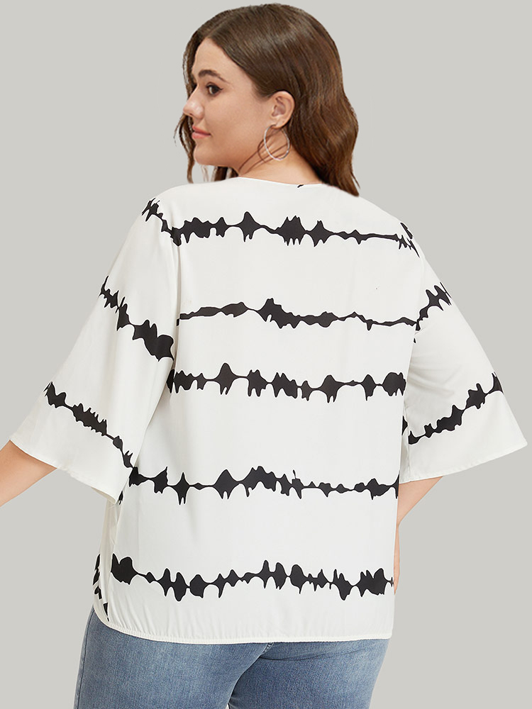 Plus Size Women Dailywear Tie Dye Gathered Ruffle Sleeve Elbow-length sleeve V-neck Elegant Blouses BloomChic 