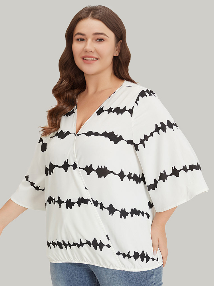 Plus Size Women Dailywear Tie Dye Gathered Ruffle Sleeve Elbow-length sleeve V-neck Elegant Blouses BloomChic 