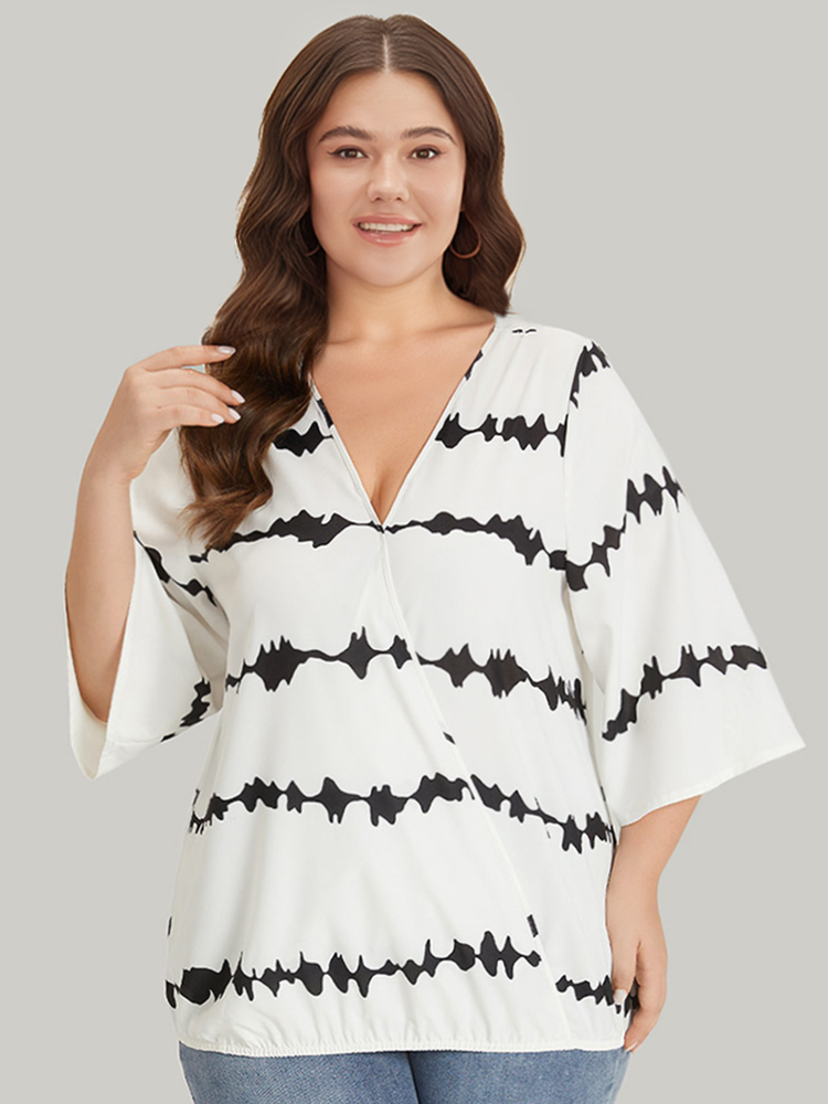 Plus Size Women Dailywear Tie Dye Gathered Ruffle Sleeve Elbow-length sleeve V-neck Elegant Blouses BloomChic 