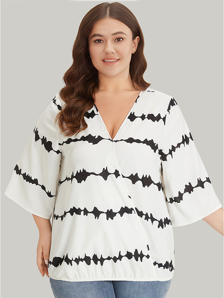 Plus Size Women Dailywear Tie Dye Gathered Ruffle Sleeve Elbow-length sleeve V-neck Elegant Blouses BloomChic 