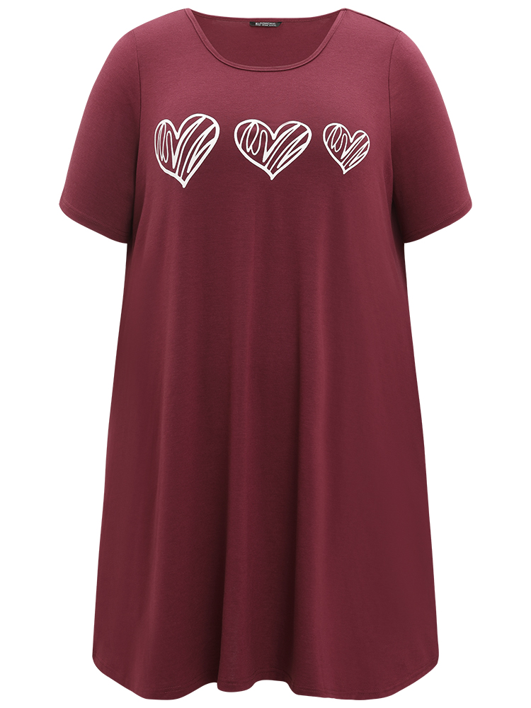 Heart Print Ruffle Hem Crew Neck Sleep Dress BloomChic 