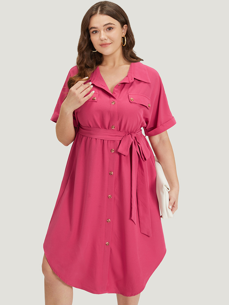 

Plus Size Plain Belted Shirt Collar Arc Hem Roll Batwing Sleeve Dress Red Women Office Belted Shirt collar Short sleeve Curvy Knee Dress BloomChic