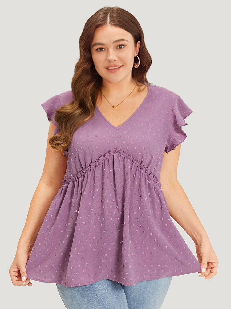 Plus Size Women Dailywear Plain Texture Ruffle Sleeve Cap Sleeve V-neck Elegant Tank Tops Camis BloomChic 