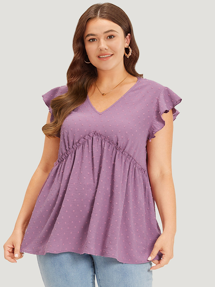 Plus Size Women Dailywear Plain Texture Ruffle Sleeve Cap Sleeve V-neck Elegant Tank Tops Camis BloomChic 
