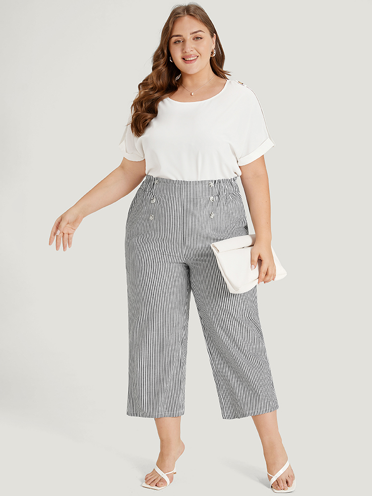 

Plus Size Striped Pocket Button Detail Paperbag Waist Pants Women Black Office Straight Leg High Rise Work Pants BloomChic