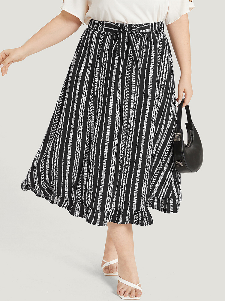 

Plus Size Striped Bowknot Pocket Ruffle Trim Skirt Women Black Office Cross straps No stretch Pocket Work Skirts BloomChic