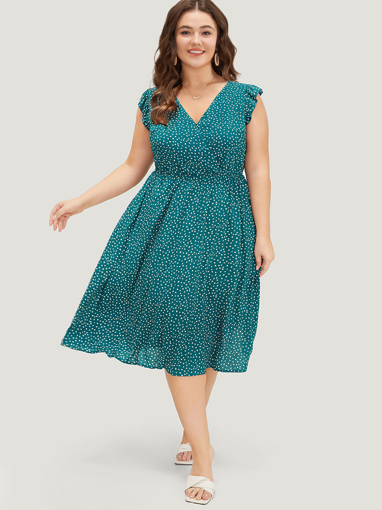 Plus Size Leopard Wrap Ruffle Trim Pocket Cap Sleeve Dress Cyan Women Elegant Wrap V-neck Cap Sleeve Curvy Midi Dress BloomChic 10/M 