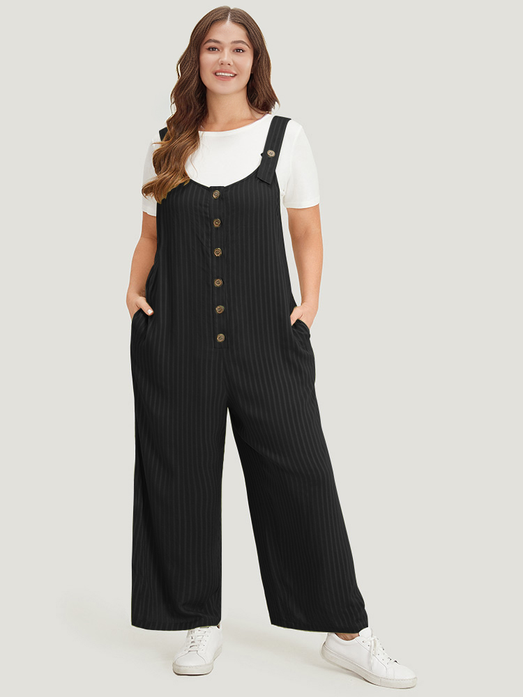 

Plus Size Black Striped Pocket Button Through Overall Jumpsuit Women Casual Sleeveless Spaghetti Strap Dailywear Loose Jumpsuits BloomChic