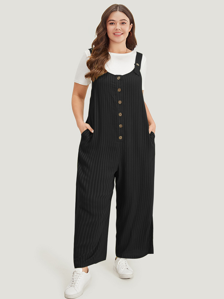 

Plus Size Black Striped Pocket Button Through Overall Jumpsuit Women Casual Sleeveless Spaghetti Strap Dailywear Loose Jumpsuits BloomChic