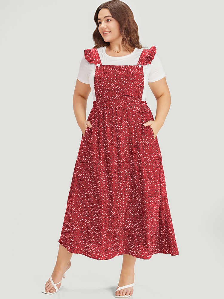 

Plus Size Polka Dot Pocket Flutter Trim Overall Dress Burgundy Women Casual Elastic Waist Spaghetti Strap Sleeveless Curvy Midi Dress BloomChic