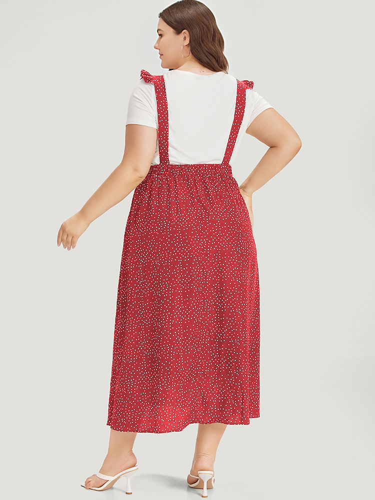 

Plus Size Polka Dot Pocket Flutter Trim Overall Dress Burgundy Women Casual Elastic Waist Spaghetti Strap Sleeveless Curvy Midi Dress BloomChic