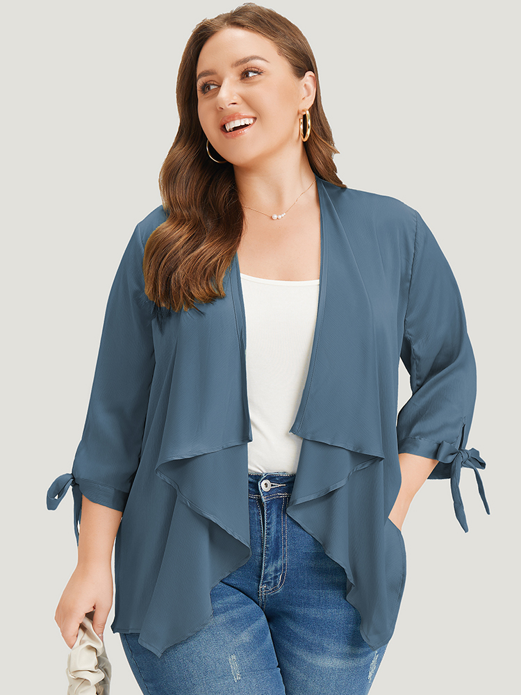 

Plus Size Anti-Wrinkle Solid Open Front Knot Sleeve Waterfall Collar Blazer Women Stone Knotted Work Jackets BloomChic