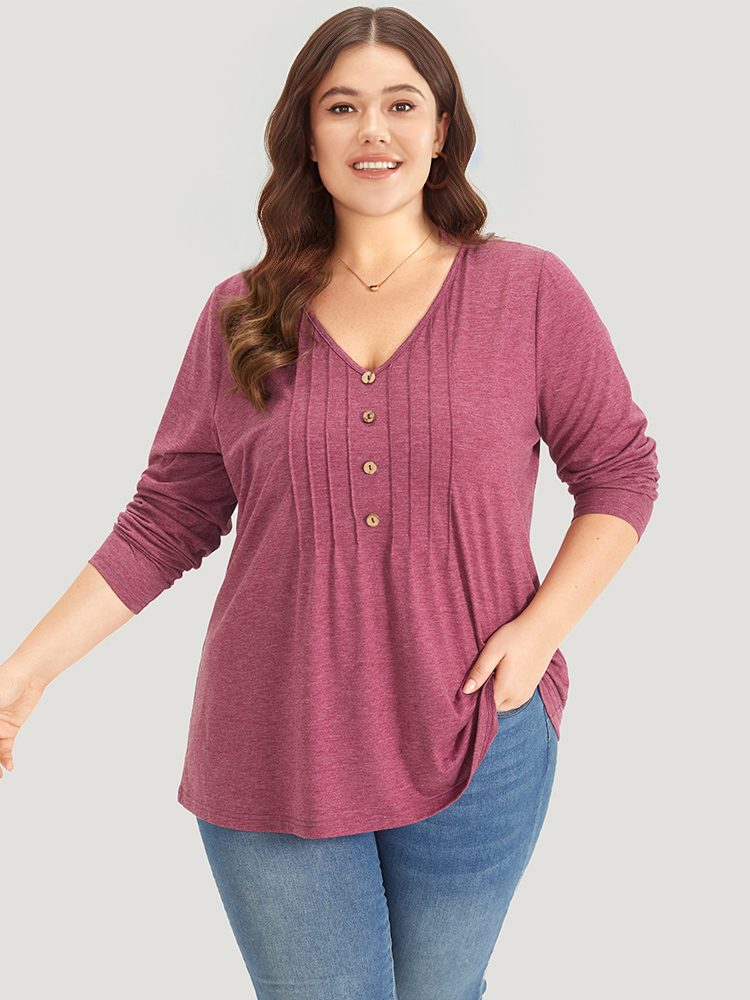 

Plus Size Plain V Neck Line Button Detail T-shirt RedViolet V-neck Long Sleeve Casual Jersey Tops