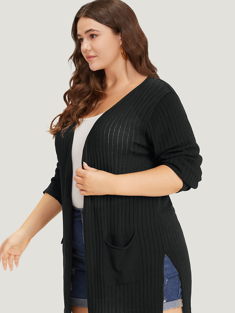 

Plus Size Solid Rib Knit Pocket Lightweight Tunic Cardigan Black Women Basics Loose Long Sleeve Everyday Cardigans BloomChic