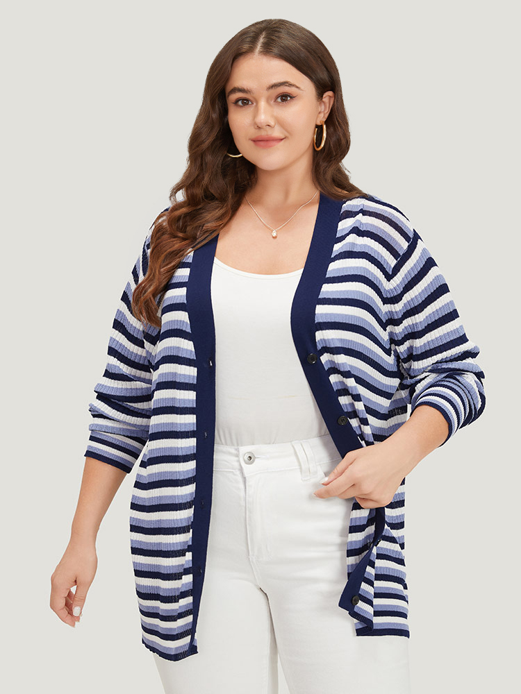 

Plus Size Contrast Striped Rib Knit Button Through Cardigan Indigo Women Casual Loose Long Sleeve Dailywear Cardigans BloomChic