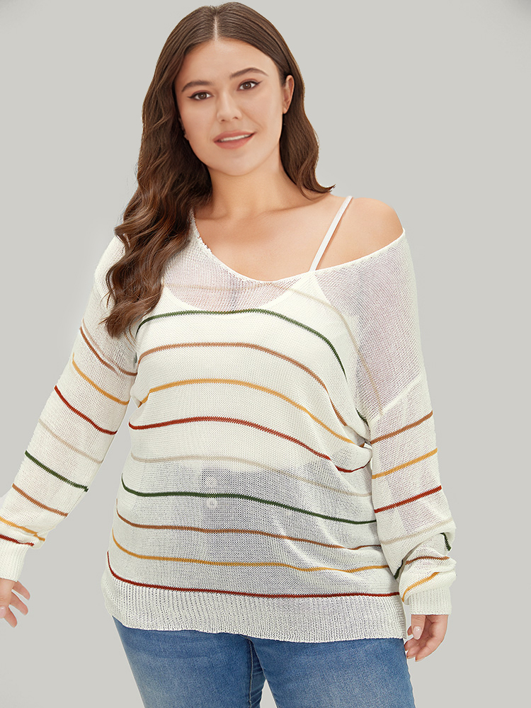 

Plus Size Rainbow Striped Mesh Lightweight Pullover Multicolor Women Casual Loose Long Sleeve Open Front Everyday Pullovers BloomChic