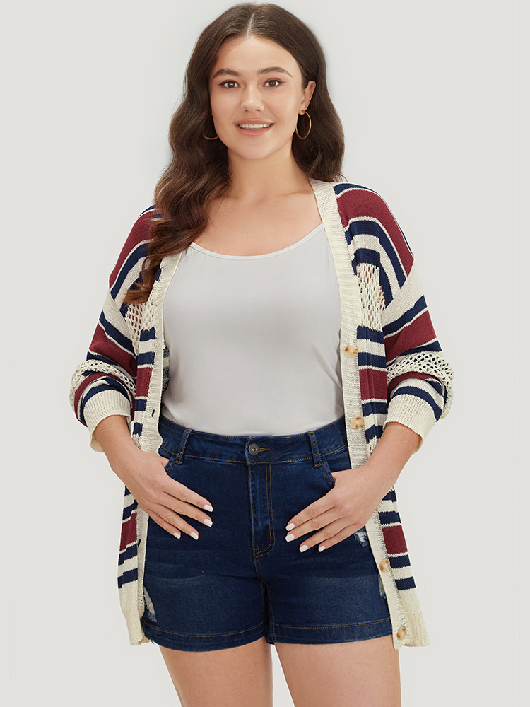 

Plus Size Striped Hollow Out Patchwork Button Detail Cardigan Beige Women Casual Loose Long Sleeve Everyday Cardigans BloomChic