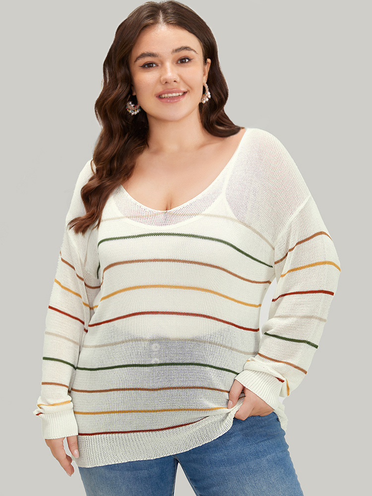 

Plus Size Rainbow Striped Mesh Lightweight Pullover Multicolor Women Casual Loose Long Sleeve Open Front Everyday Pullovers BloomChic