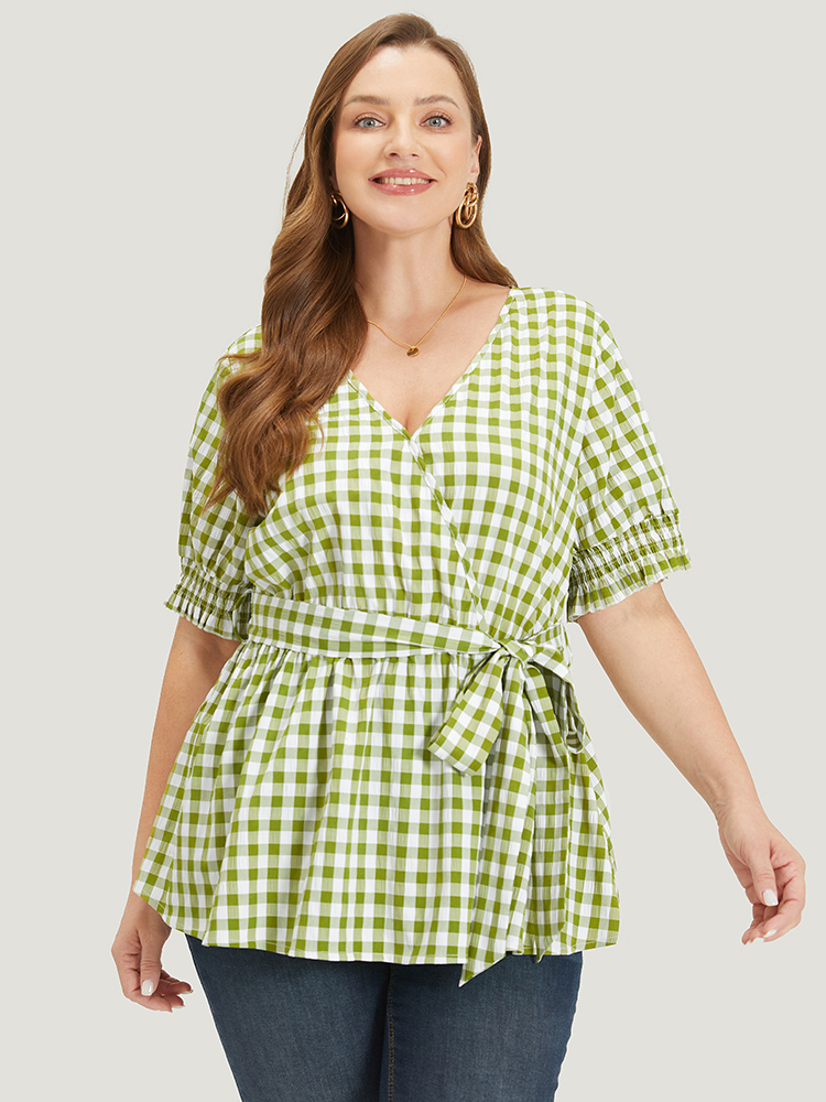 

Plus Size Moss Gingham Shirred Puff Sleeve Belt Wrap Blouse Women Elegant Short sleeve V-neck Everyday Blouses BloomChic