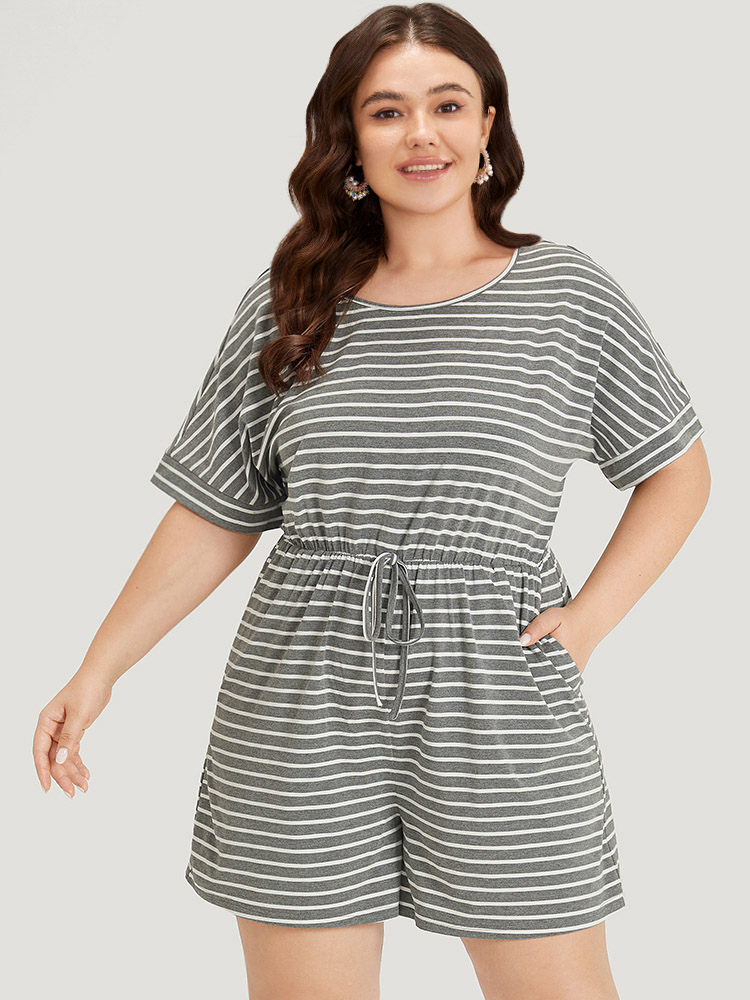 Plus Size DimGray Striped Print Pocket Ties Elastic Waist Jumpsuit Women Casual Short sleeve Round Neck Dailywear Loose Jumpsuits BloomChic 18-20/2X 