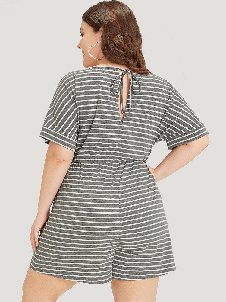 Plus Size DimGray Striped Print Pocket Ties Elastic Waist Jumpsuit Women Casual Short sleeve Round Neck Dailywear Loose Jumpsuits BloomChic 18-20/2X 