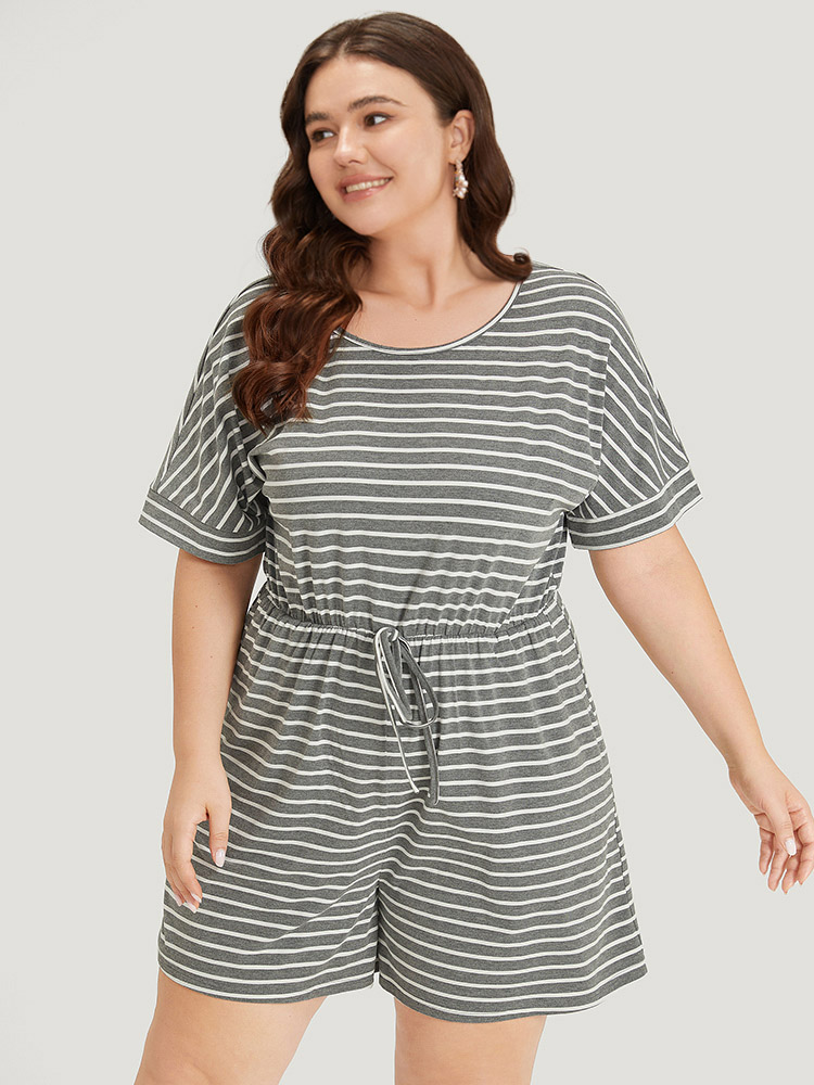 Plus Size DimGray Striped Print Pocket Ties Elastic Waist Jumpsuit Women Casual Short sleeve Round Neck Dailywear Loose Jumpsuits BloomChic 18-20/2X 