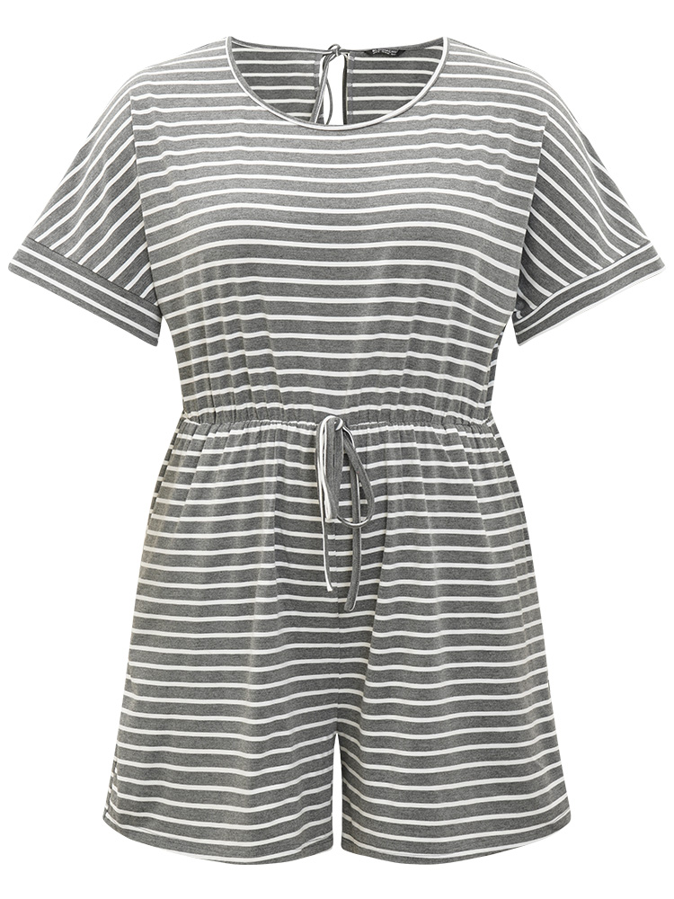 Plus Size DimGray Striped Print Pocket Ties Elastic Waist Jumpsuit Women Casual Short sleeve Round Neck Dailywear Loose Jumpsuits BloomChic 18-20/2X 