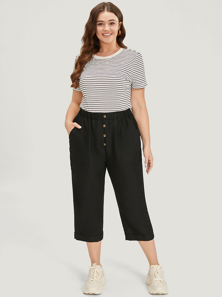 

Plus Size Solid Pocket Button Detail Elastic Waist Pants Women Black Casual High Rise Dailywear Pants BloomChic