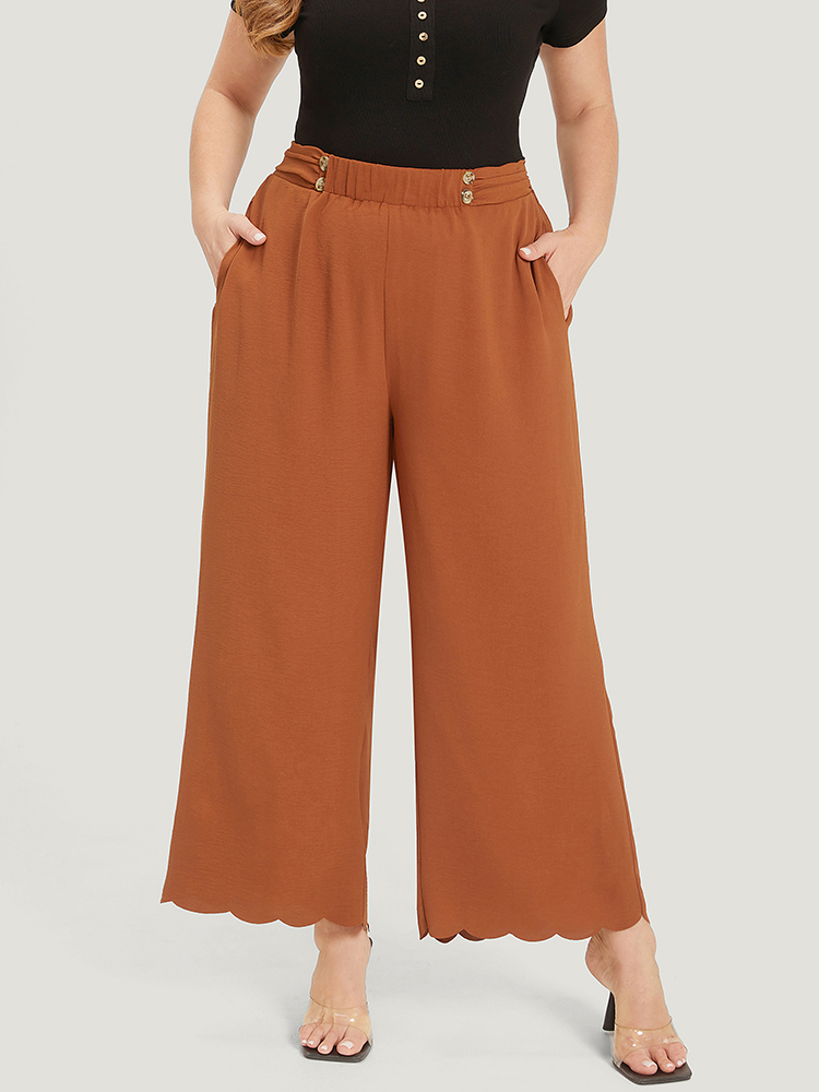 

Plus Size Solid Button Detail Ruched Pocket Scalloped Trim Pants Women Rust Elegant Straight Leg High Rise Dailywear Pants BloomChic