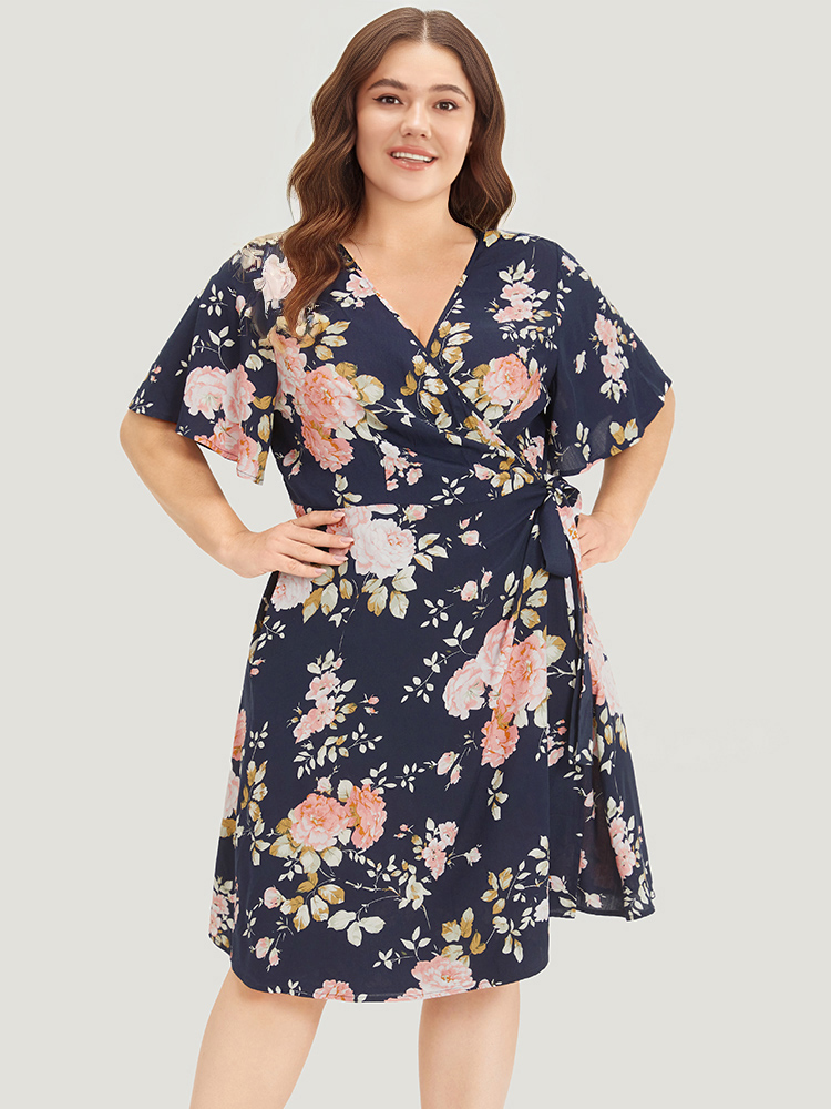 

Plus Size Floral Print Pocket Knot Ruffle Sleeve Wrap Dress DarkBlue Women Elegant Wrap V-neck Half Sleeve Curvy Knee Dress BloomChic