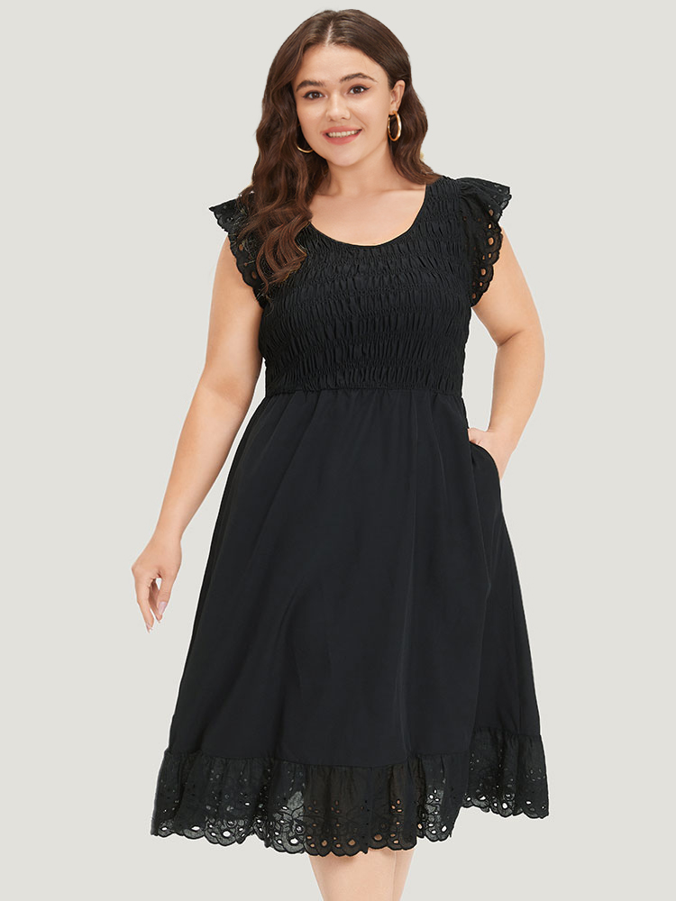 

Plus Size Crochet Lace Mesh Shirred Elastic Waist Ruffle Cap Sleeve Dress Black Women Elegant Patchwork Round Neck Cap Sleeve Curvy Midi Dress BloomChic