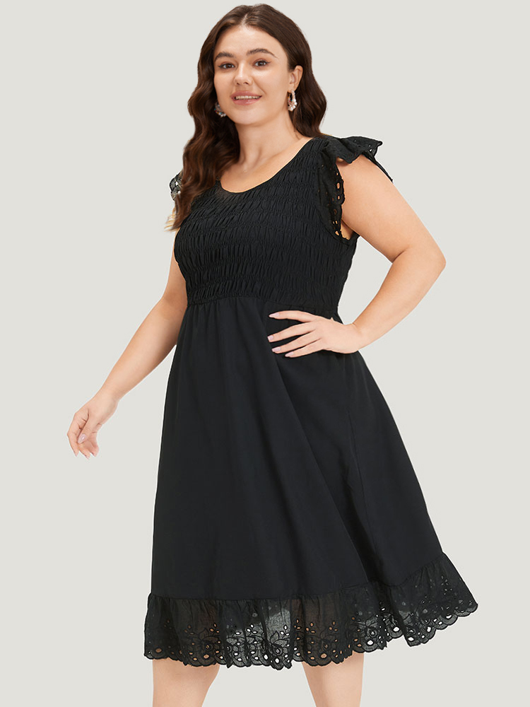 

Plus Size Crochet Lace Mesh Shirred Elastic Waist Ruffle Cap Sleeve Dress Black Women Elegant Patchwork Round Neck Cap Sleeve Curvy Midi Dress BloomChic