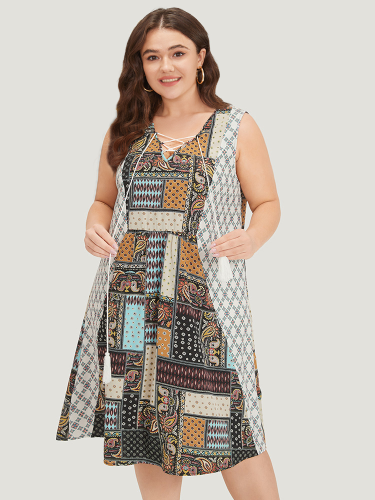 Plus Size Women Dailywear Bohemian Print Patchwork Sleeveless Sleeveless V-neck Pocket Vacation Dresses BloomChic 