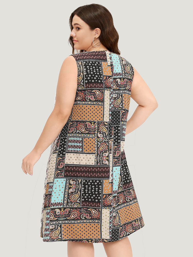 Plus Size Women Dailywear Bohemian Print Patchwork Sleeveless Sleeveless V-neck Pocket Vacation Dresses BloomChic 