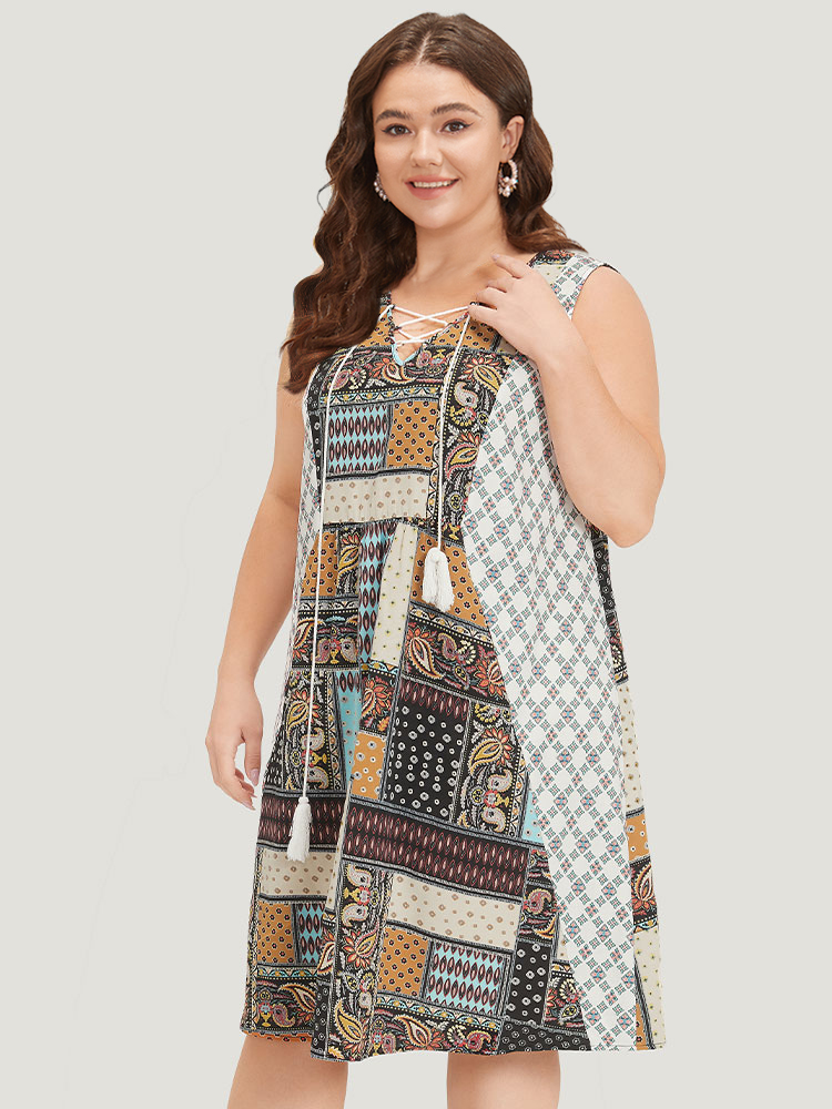 Plus Size Women Dailywear Bohemian Print Patchwork Sleeveless Sleeveless V-neck Pocket Vacation Dresses BloomChic 