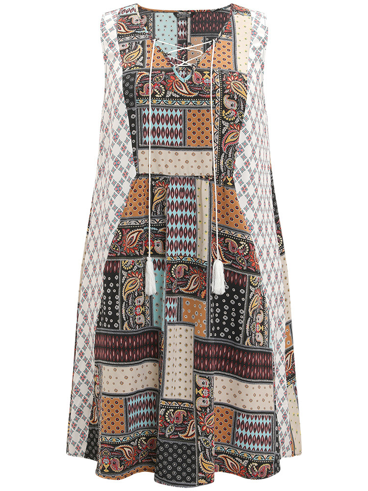 Plus Size Women Dailywear Bohemian Print Patchwork Sleeveless Sleeveless V-neck Pocket Vacation Dresses BloomChic 