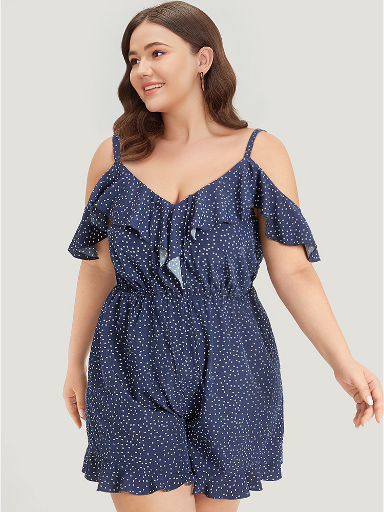 

Plus Size DarkBlue Polka Dot Ruffle Trim Tie Neck Cut Out Elastic Waist Jumpsuit Women Elegant Sleeveless Cold Shoulder Dailywear Loose Jumpsuits BloomChic