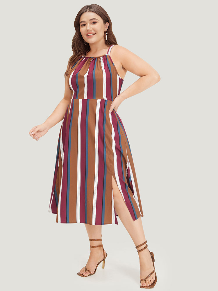 Plus Size Women Dailywear Striped Slit Sleeveless Sleeveless Spaghetti Strap Pocket Elegant Dresses BloomChic 