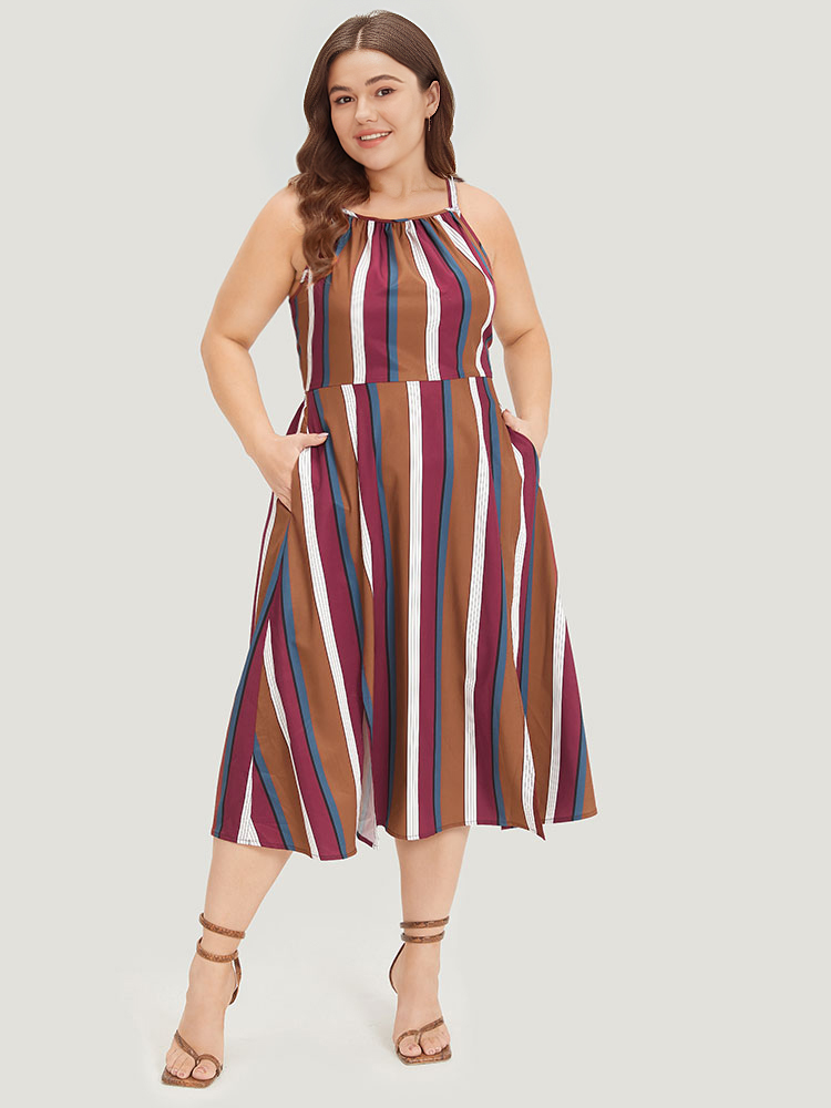 Plus Size Women Dailywear Striped Slit Sleeveless Sleeveless Spaghetti Strap Pocket Elegant Dresses BloomChic 
