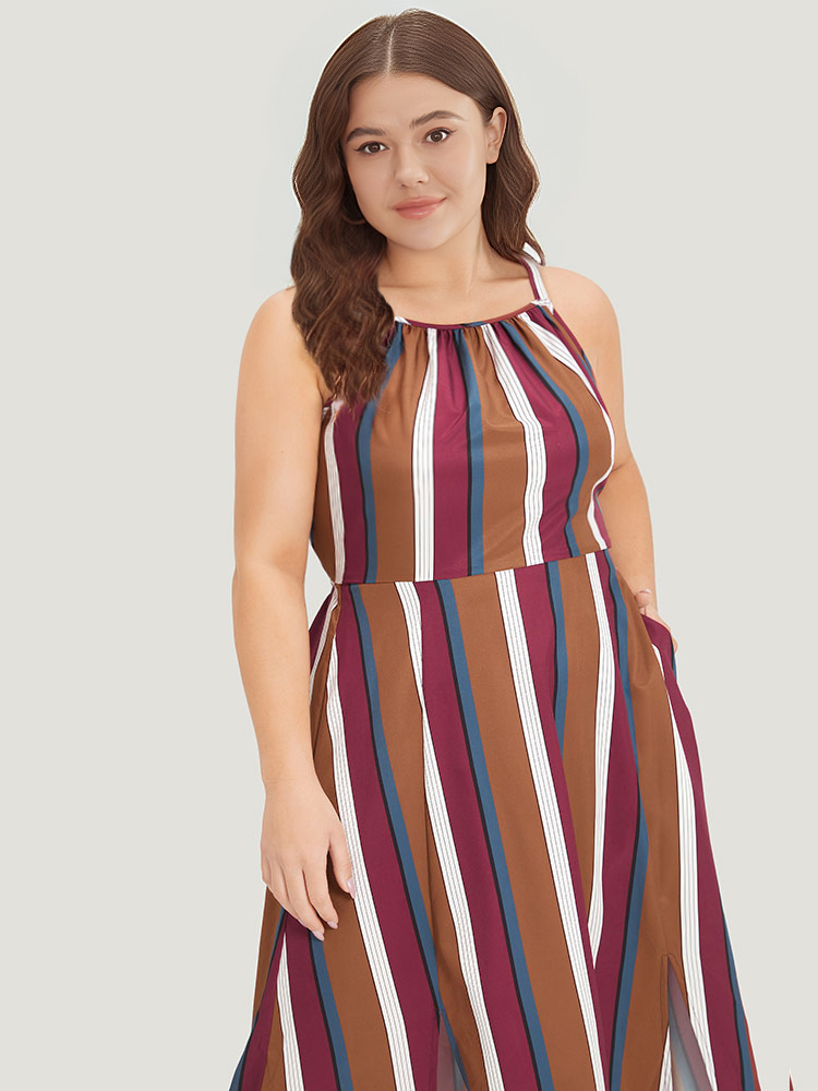 Plus Size Women Dailywear Striped Slit Sleeveless Sleeveless Spaghetti Strap Pocket Elegant Dresses BloomChic 