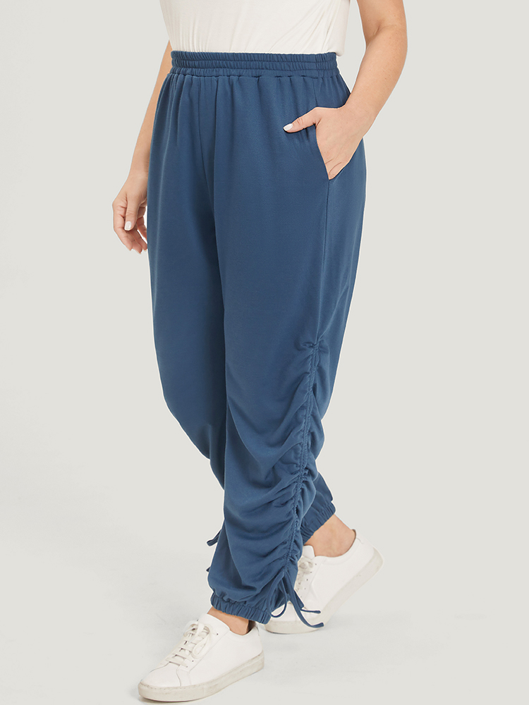 

Solid Pocket Drawstring Hem Elastic Waist Sweatpants Aegean Plus Size Women Casual Dailywear Plain  Bloomchic