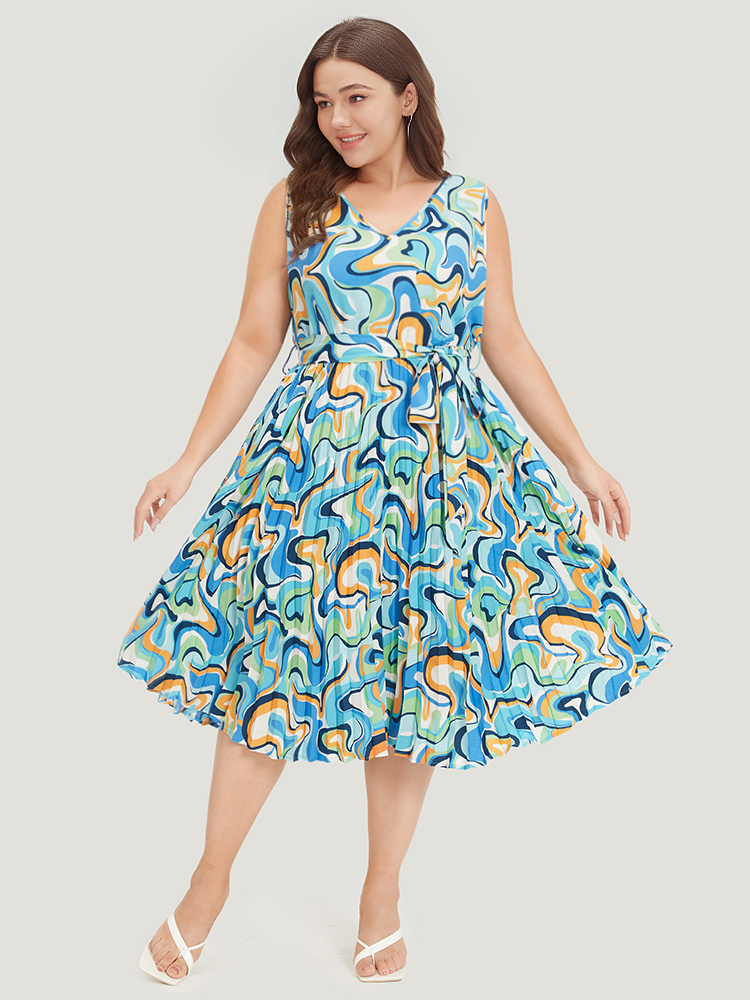 

Plus Size Water Ripple Print V Neck Belted Plicated Detail Tank Dress Blue Women Elegant Belted V-neck Sleeveless Curvy Midi Dress BloomChic