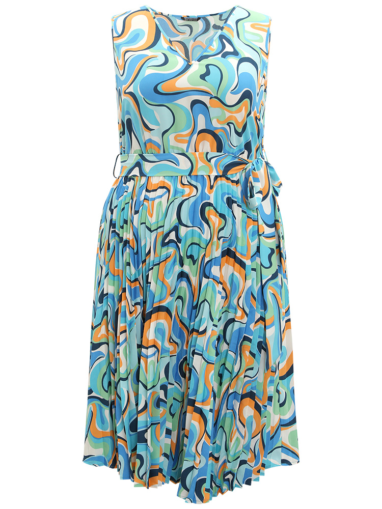 Plus Size Water Ripple Print V Neck Belted Plicated Detail Tank Dress Blue Women Elegant Belted V-neck Sleeveless Curvy Midi Dress BloomChic 10/M 