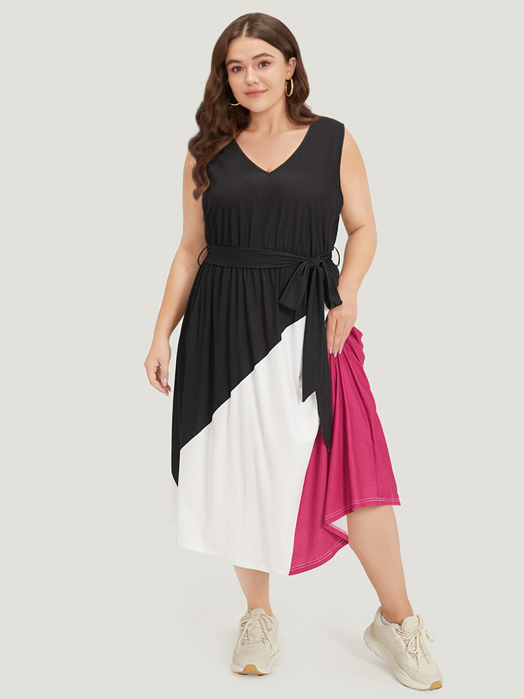 

Plus Size Colorblock Contrast Pocket Belted Tank Dress Black Women Casual Plain V-neck Sleeveless Curvy Midi Dress BloomChic