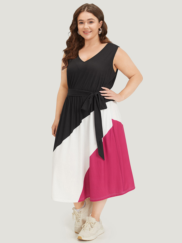 Plus Size Colorblock Contrast Pocket Belted Tank Dress Black Women Casual Plain V-neck Sleeveless Curvy Midi Dress BloomChic 12/L 