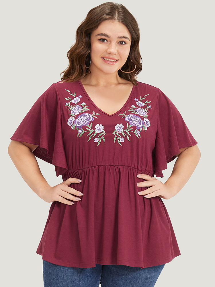 

Floral Embroidered V Neck Gathered Ruffle Sleeve T-shirt, Burgundy