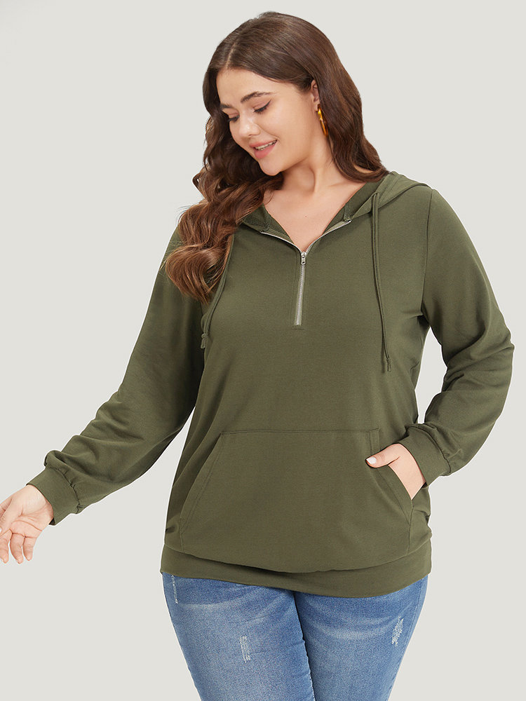 Plus Size Plain Pocket Drawstring Half Zip Hooded Sweatshirt Women ArmyGreen Casual Elastic cuffs Open Front Dailywear Sweatshirts BloomChic 14-16/1X 