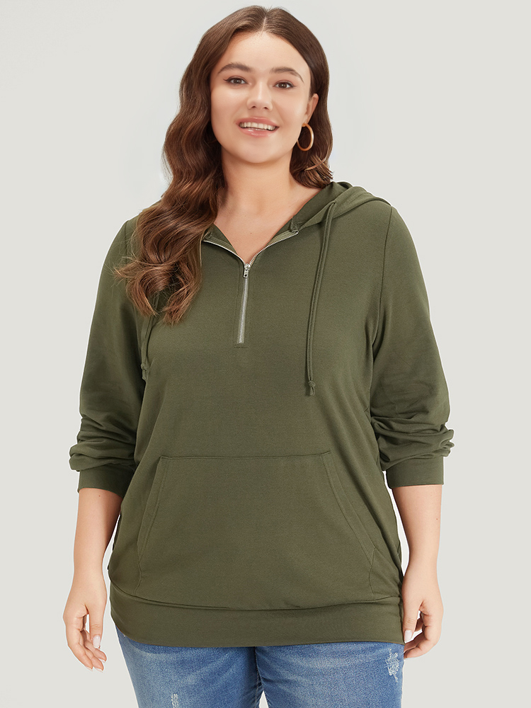 

Plus Size Plain Pocket Drawstring Half Zip Hooded Sweatshirt Women ArmyGreen Casual Elastic cuffs Open Front Dailywear Sweatshirts BloomChic